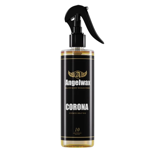 Bottle of Angelwax CORONA synthetic spray wax for vehicle trim, vinyl, rubber, and paint protection.
