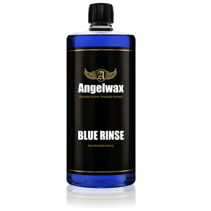 Bottle of Angelwax BLUE RINSE spray-on rinse-off wax for gloss enhancement and fast drying.